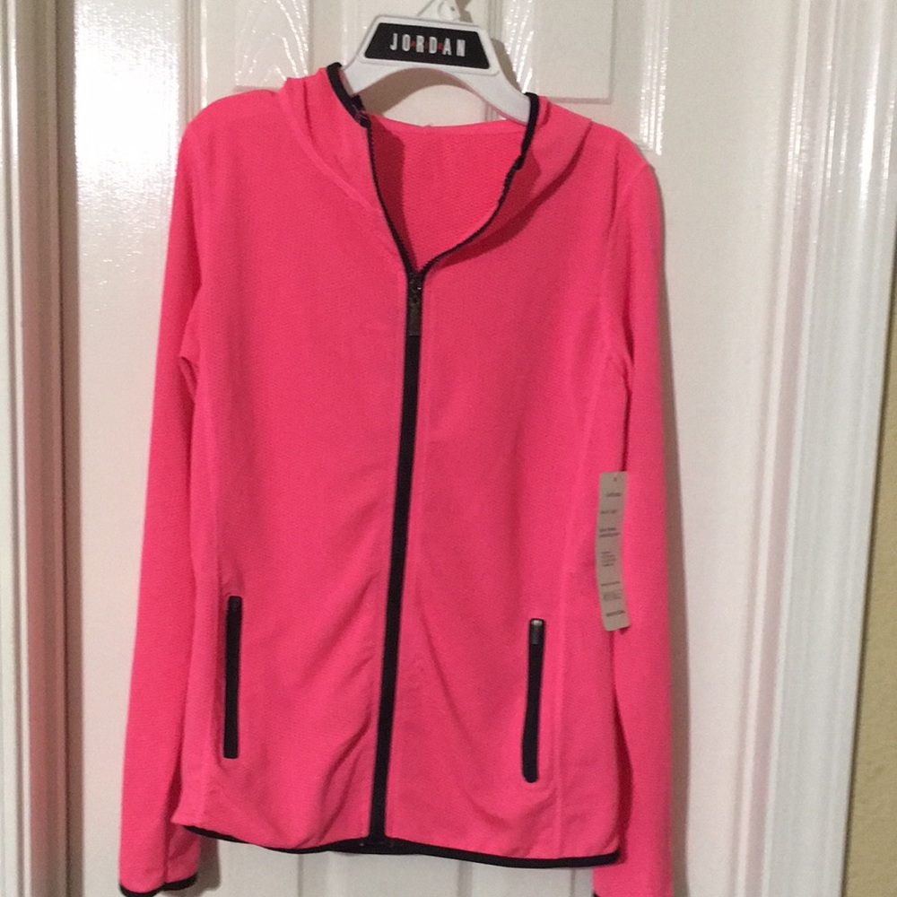 Light weight long sleeve hooded S/M pink with black trim athletic top